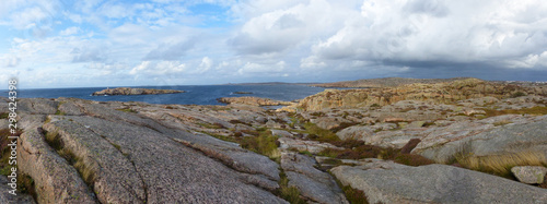Panoramic landscape of the island of Smogen and Hallo. Cracked islands of pink granite. Sotenas, Vastra Gotaland, Bohuslan, Sweden.