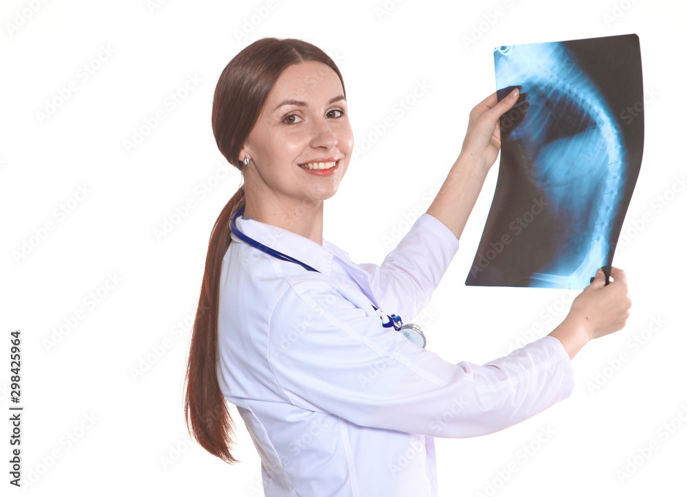 Happy smiling young beautiful female doctor showing blank area for sign or copyspace, isolated over white background Happy smiling young beautiful female doctor showing blank area for sign or copyspace, isolated over white background