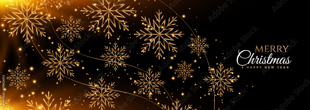 black and gold snowflakes merry christmas banner design - obrazy, fototapety, plakaty 