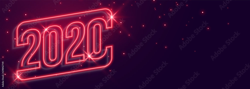 beautiful 2020 new year neon style glowing banner design - obrazy, fototapety, plakaty 