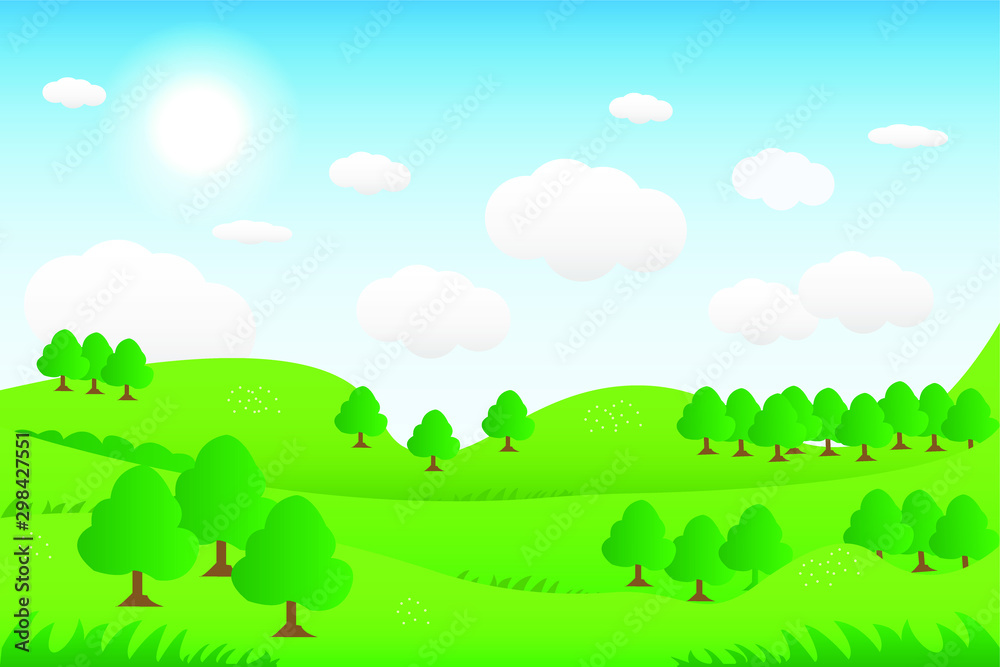 Gorgeous view. Vector illustration of green hill landscape with panoramic mountain and cloud sky.