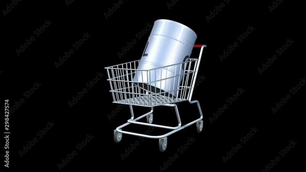 Concept of buying or selling black gold oil. The barrel symbol with the inscription lies in the grocery shopping cart.