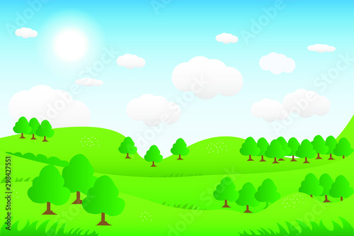 Gorgeous view. Vector illustration of green hill landscape with panoramic mountain and cloud sky.