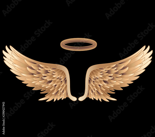 Clip art on black isolated background with golden angel wings and a halo for photo shoots, Halloween and carnival