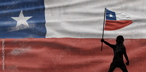 Chile National Day. Chilean Flag with protesting people and textured background. photo