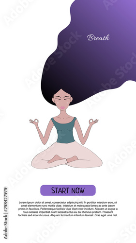 Vector illustration with yoga, meditation and healthy lifestyle concept. Yong black woman with flying purple hairs meditating in lotus pose. For Mobile App Page or Screen for Website.