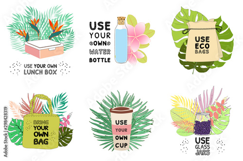 Collection vector illustrations and icons go to zero waste and use eco bags, glass jar, own cup and bottle or lunch container on the backgrounds of tropical leaves. Eco shop. Do not use plastic.