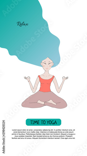 Vector illustration with yoga, meditation and healthy lifestyle concept. Yong asian woman with flying blue hairs meditating in lotus pose. For Mobile App Page or Screen for Website, perfect for banner
