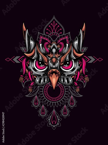 Owl head mecha vector illustration with mandala as the background ornament, suitable for apparel merchandise, t-shirt or outerwear. photo