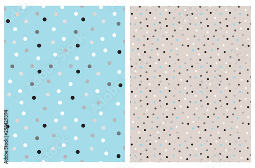Cute Seamless Vector Patterns with Tiny Polka Dots. White, Gray, Blue and White Dots Isolated on a Gray Background. Black, Blue and White Dotted Print Ideal for Fabric, Textile, Wrapping Paper.