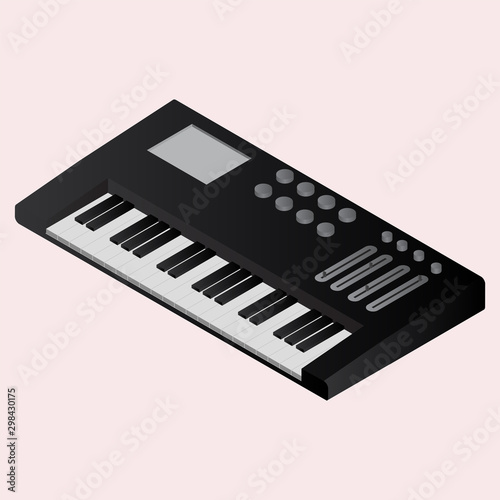 Isometric music synthesizer or electronic piano element in black color.