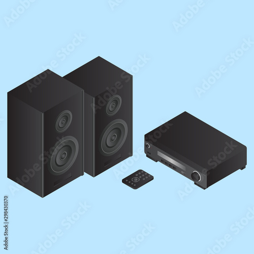 3D illustration of DVD player with remote and speaker on blue background.