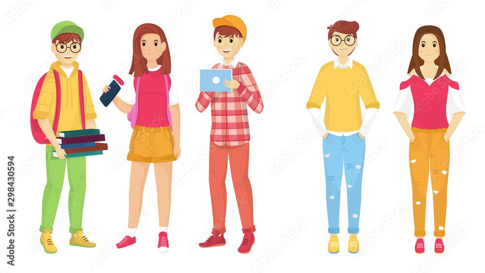Set of young girl and boy character on white background. Set of young girl and boy character on white background.