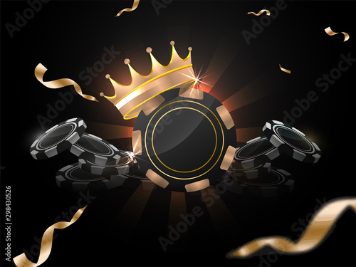3D illustration of Casino chips with award crown on black rays background decorated with golden confetti ribbon.