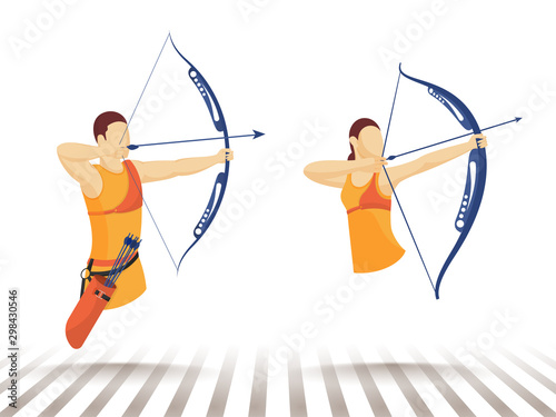 Faceless character of man and woman taking aim from bow arrow with quiver.