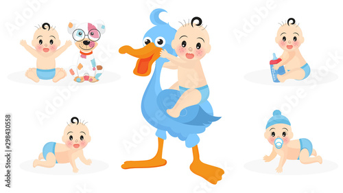 Set of baby character in different activity with toys such as dog and stork on white background for Baby Shower concept.