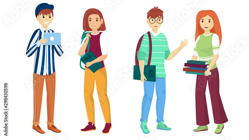 Set of young student girl and boy character on white background.