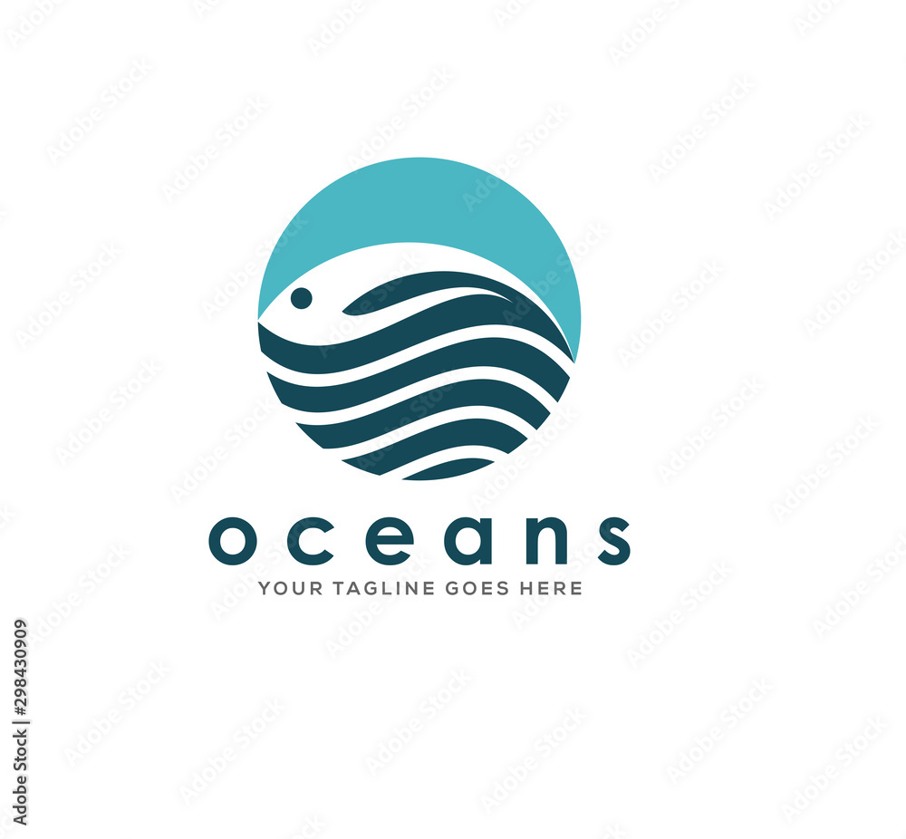 Ocean Logo design with Fish Wave on top Ocean Logo design with Fish Wave on top