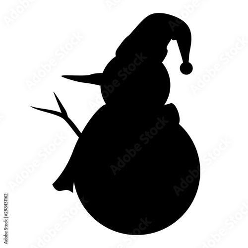 Silhouette of snowman wearing hat and scarf on white background.