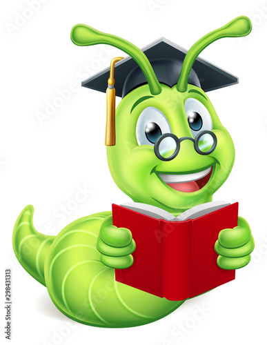 A cute caterpillar bookworm worm cute cartoon character education mascot wearing graduation hat and glasses reading a book