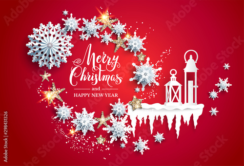 Greeting winter design with snowflakes and lanterns.