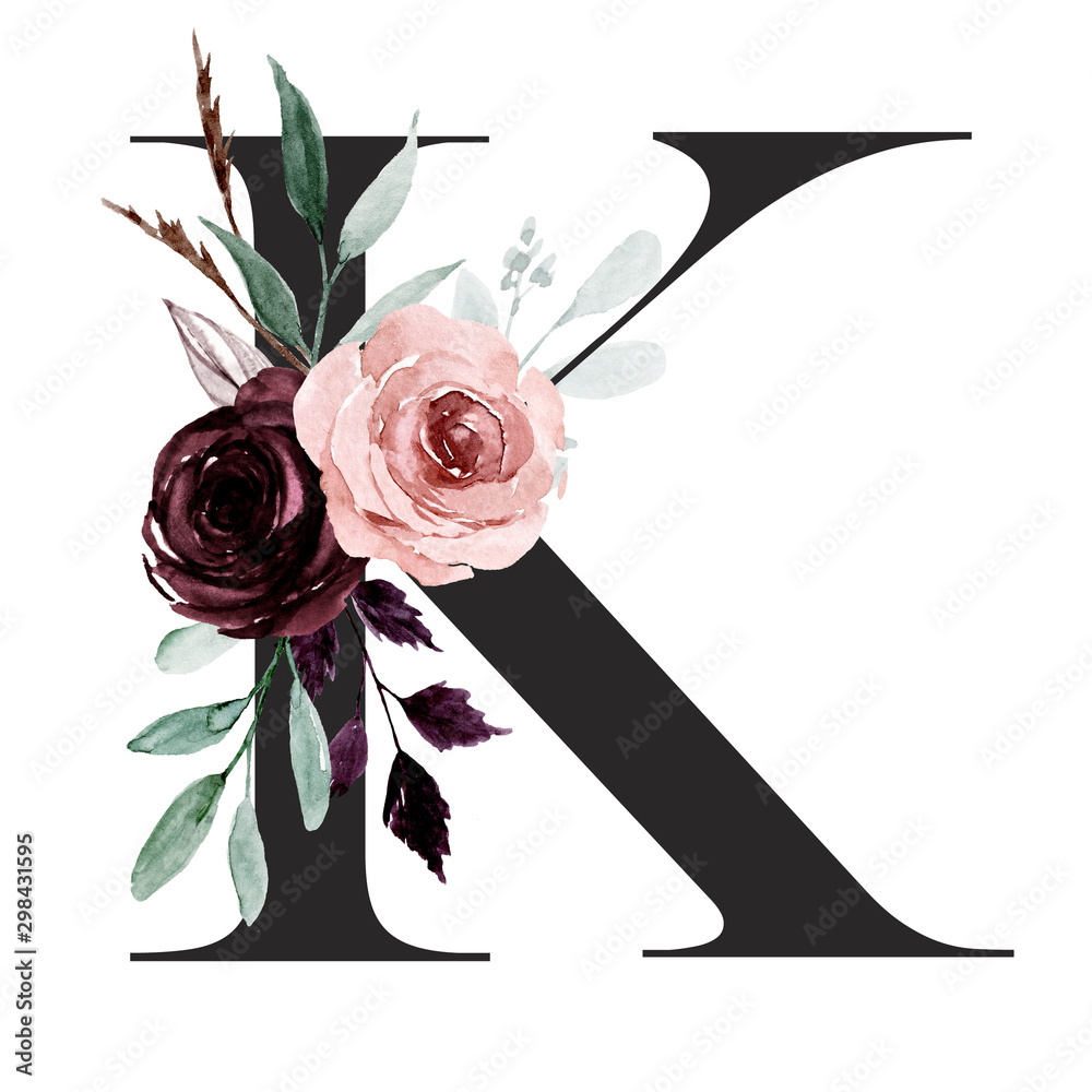 Alphabet, letter K with watercolor flowers and leaf. Floral monogram ...