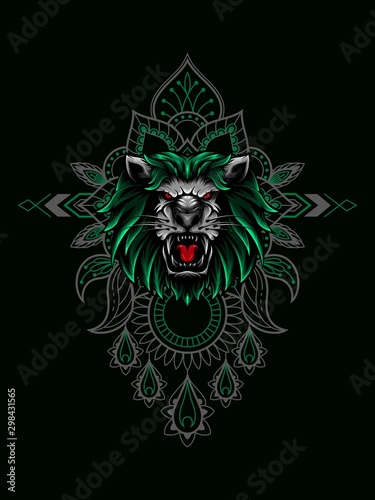 Lion head vector illustration with mandala as the background ornament, suitable for apparel merchandise, t-shirt or outerwear. photo