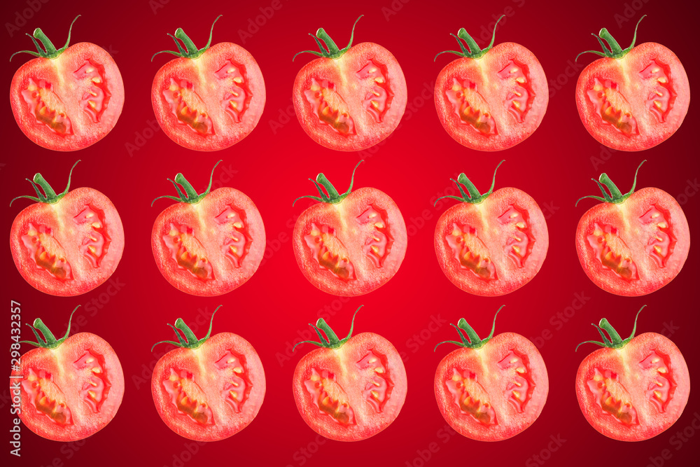 Vegetable pattern of red tomatoes sliced on red background. Vegetable pattern of red tomatoes sliced on red background.
