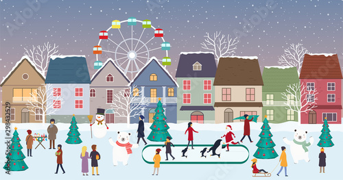Christmas fair, winter landscape in city with houses, people, polar bears, ice skating. Panorama of winter city life on the eve New Year and Christmas holidays.