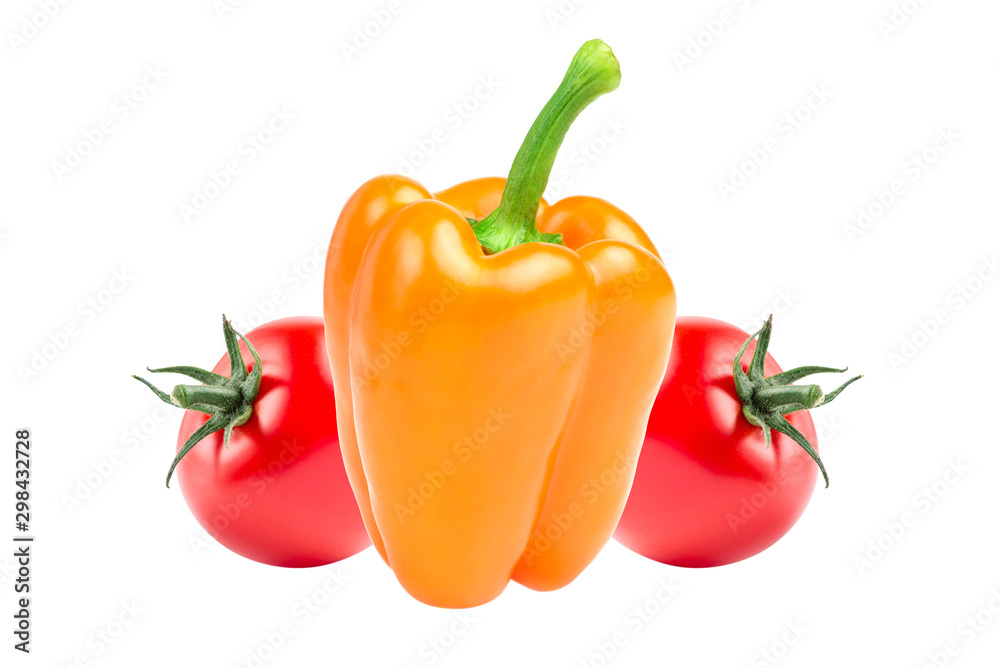 Fresh bright orange peppers and red tomato on a white background. Fresh bright orange peppers and red tomato on a white background.