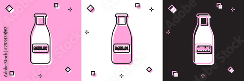 Set Closed glass bottle with milk and cap icon isolated on pink and white, black background. Vector Illustration