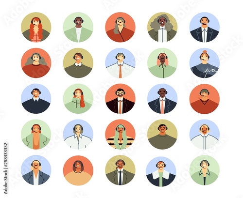 Call center assistant avatar. Client support services, personal phone help assistance and customer support worker profile icon flat vector illustration set. Telephone hotline service operators