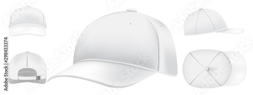 White cap mockup. Sport caps top view, baseball hat and uniform hats views realistic 3D vector set. Casual clothing, fashion, informal style wear. Modern headwear front, top, side, back view pack