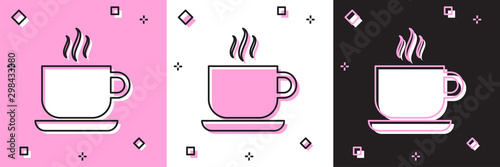 Set Coffee cup icon isolated on pink and white, black background. Tea cup. Hot drink coffee. Vector Illustration