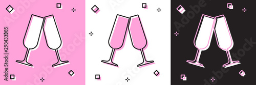 Set Glasses of champagne icon isolated on pink and white, black background. Vector Illustration