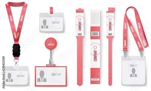 ID cards badges. Red identification badges on lanyard, necklace tag, label cards and event identity labels realistic vector set. Access card, pink realistic iD mockup, paper wristbands
