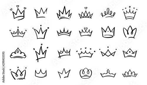 Hand drawn doodle crowns. King crown sketches, majestic tiara, king and queen royal diadems vector. Line art prince and princess luxurious head accessories isolated on white background