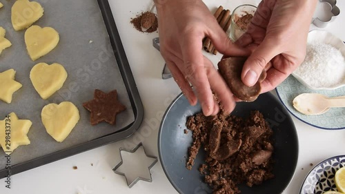 Woman hands preparing healthy biscuit with rice flour. Homemade, holiday bakery themes, personal point of view