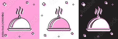 Set Covered with a tray of food icon isolated on pink and white, black background. Tray and lid sign. Restaurant cloche with lid. kitchenware symbol. Vector Illustration photo