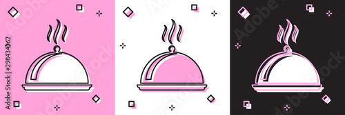 Set Covered with a tray of food icon isolated on pink and white, black background. Tray and lid sign. Restaurant cloche with lid. kitchenware symbol. Vector Illustration