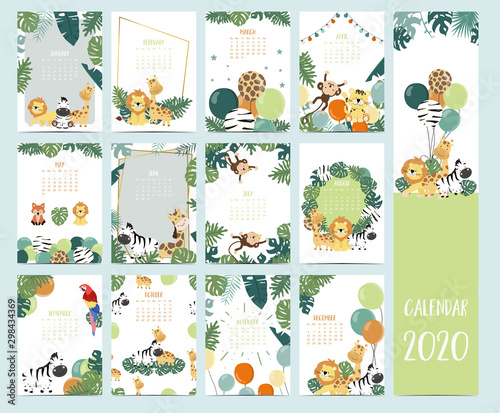 Doodle safari animal calendar 2020 set with giraffe,parrot,lion,monkey for children.Can be used for printable graphic.Editable element
