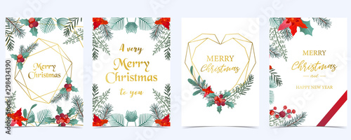 Collection of Christmas background set with holly leaves,flower,ribbon.Editable vector illustration for New year invitation,postcard and website banner