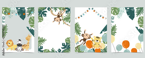Green animal collection of safari empty frame set with lion,giraffe.Vector illustration for birthday invitation,postcard,logo and sticker