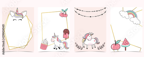 Pink animal collection of unicorn empty frame set with rainbow,cherry.Vector illustration for birthday invitation,postcard,logo and sticker.Editable element