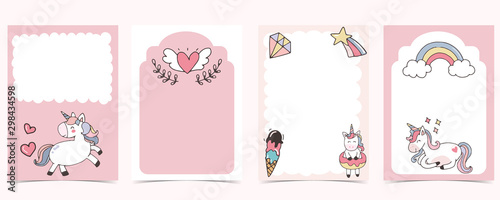 Pink animal collection of unicorn empty frame set with rainbow,diamond.Vector illustration for birthday invitation,postcard,logo and sticker.Editable element