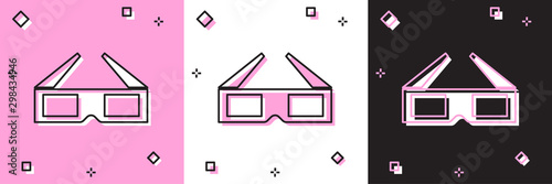 Set 3D cinema glasses icon isolated on pink and white, black background. Vector Illustration