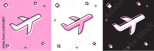 Set Plane icon isolated on pink and white, black background. Flying airplane icon. Airliner sign. Vector Illustration