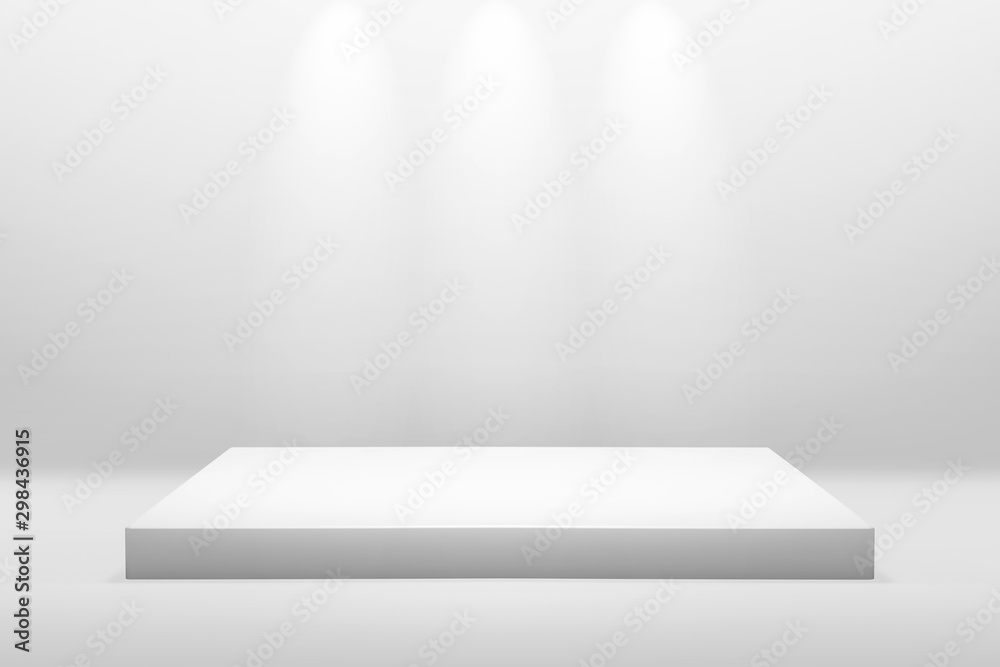 White podium stand for showing or presentation concept on modern room background with illuminate light. Empty counter shelf and product backdrops. White podium stand for showing or presentation concept on modern room background with illuminate light. Empty counter shelf and product backdrops.
