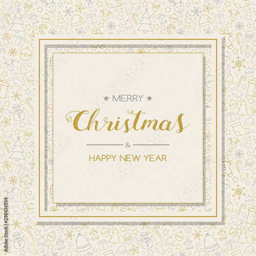 Minimalist Christmas card with greetings and decorations. Vector