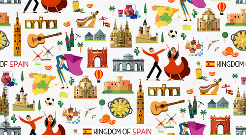 Ikony podróży Hiszpanii. Hiszpania Mapa podróży. Wektor.